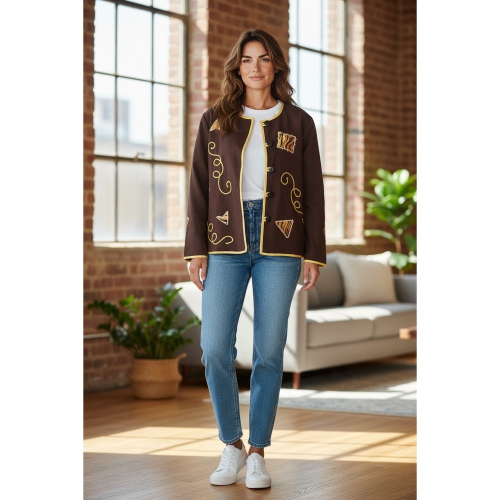 267. Allure Women Brown‎ Embellished Jacket XL Cotton Lining Unique Statement